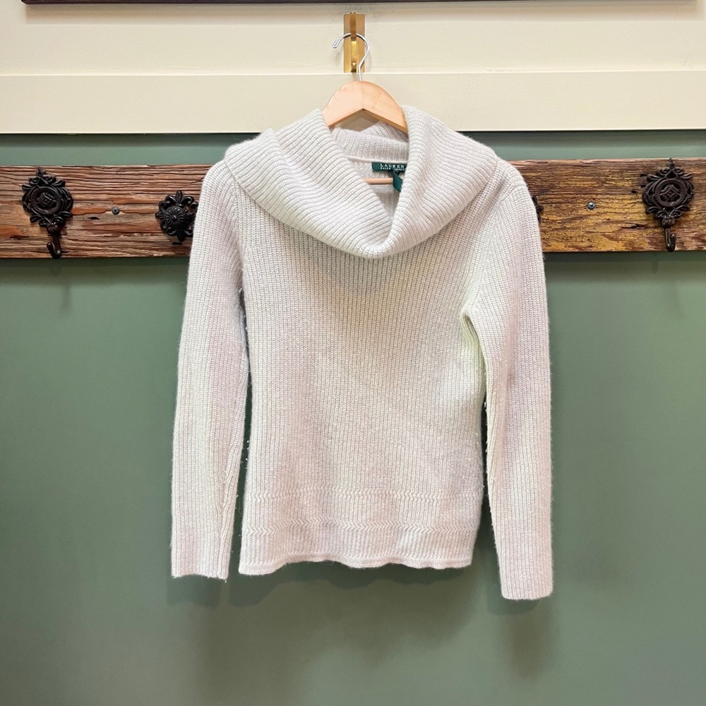 Lauren Ralph Lauren Merino Angora Cowl Neck Metallic Shimmer Sweater Ivory S